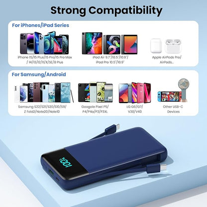 Portable Charger for iPhone with Built in Cables and Wall Plug,Upgraded 13800mAh Fast Charging USB C Power Bank,4 Outputs Travel Essential Battery Pack Compatible with iPhone 17/16/15/14,Samsung-Blue