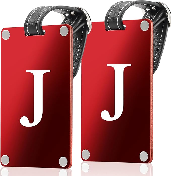 Premium 3-Layer Aluminum Luggage Tags by Fortuna - Easy to Claim, Laser-Engraved, Plastic-Free, and Eco-Friendly Luggage Tag Holders, 2-Pack, Red (J)