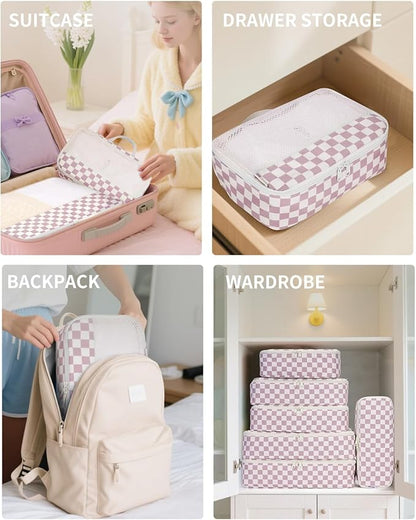 Narwey 7 Set Checkered Packing Cubes for Travel Carry on Suitcase Luggage Organizer Bags for Kids Women Men, Durable Packing Organizers Bag, Travel Essentials Accessories (Dusty Pink Checkerboard)