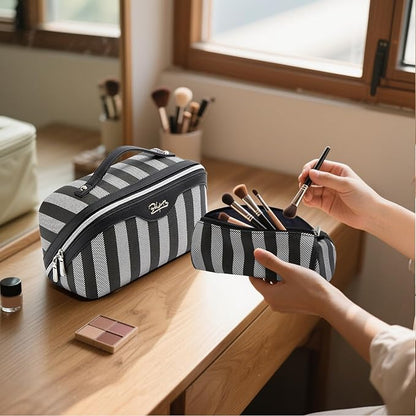 BOYATU Travel Makeup Bag for Women: Large Cosmetic Bag Set of 3 - PU Leather Make up Bag with Compartments - Compact Waterproof Toiletry Bag with Divider & Handle (B-4-Black)