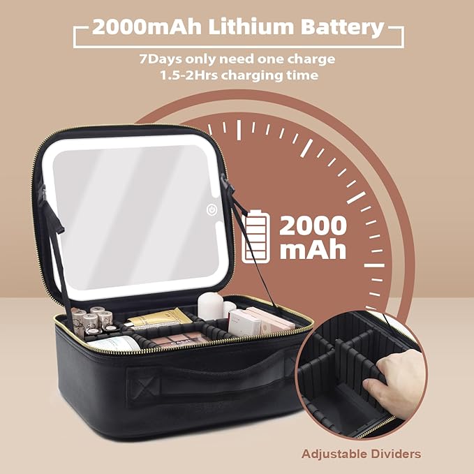 Makeup Bag with Magnetic Detachable Lighted Mirror 360° Swivel Angle, Travel Makeup Bag with Lights Portable Makeup Case Organizer with Mirror, Partition Cosmetic Bag Tools Accessories Train Case Gift