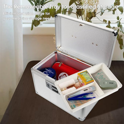 Medicine Lock Box with Key, Alluminum Alloy Box for Medication,First Aid Box with a Removeable Tray to Store Medicines & Pills for Home,Silver 10 * 6.89 * 6.89 Inch