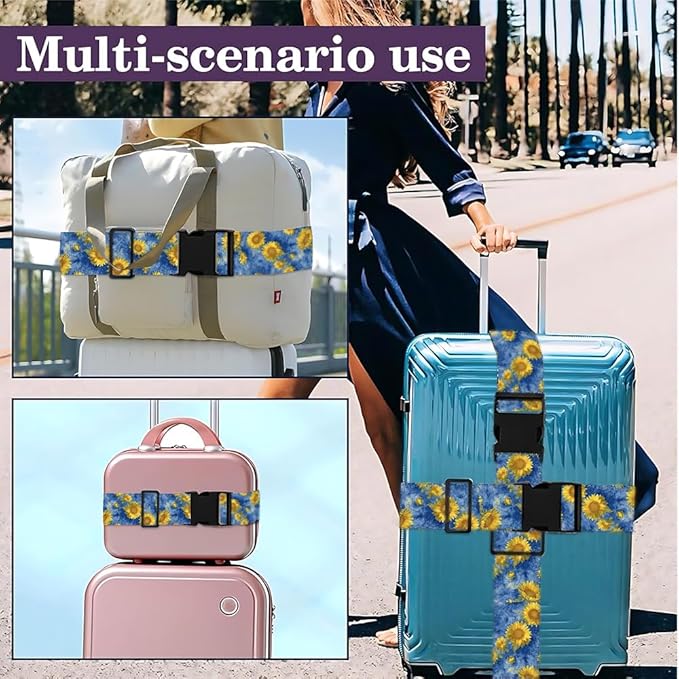 2PC,Sunflower Sky Luggage Strap 1.97 x 70.84 inch Blue Background Floral Design Adjustable Suitcase Belt Durable Nylon Baggage Identifier Artistic Travel Accessory