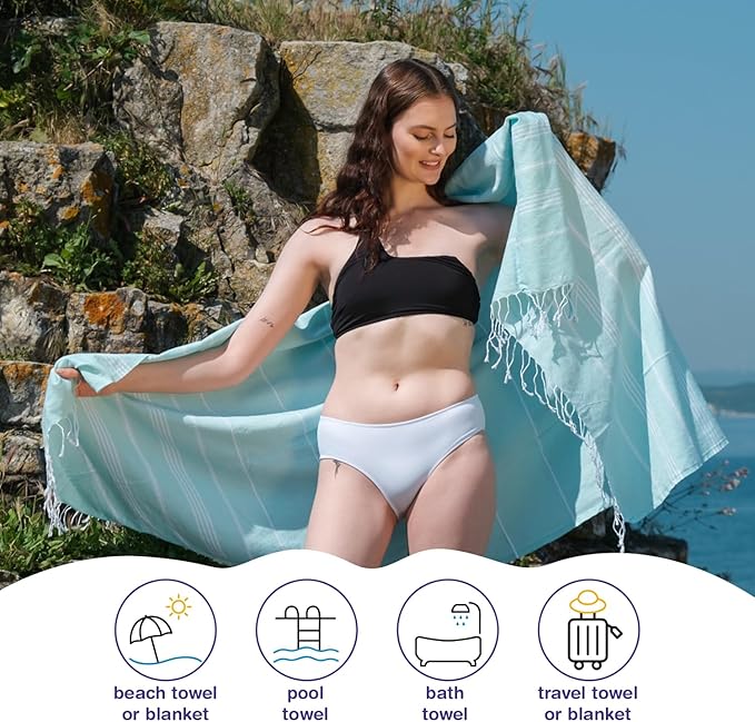 Turkish Beach Towels, Bulk Case of 12 | Oversized, Quick Dry, Sand Free | 100% Cotton, Large 38x71 Towels for Beach, Pool, Travel | Ultra-Soft, Compact, Absorbent | Aquamarine
