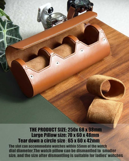 Leather Watch Case - Variable Size Watch Pillow Design, Organizer Box with Faux Suede Lining for Men & Women, Brown, 3 Slot Design