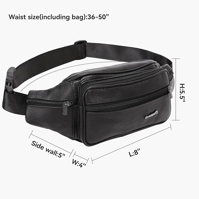 Leather Fanny Pack for Men Women,Genuine Leather Waist Belt Bag with Adjustable Strap Belt Hip Bag with Multi-Pockets for Travel Sports Running Cycling Hiking(Black)