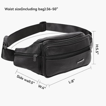 Leather Fanny Pack for Men Women,Genuine Leather Waist Belt Bag with Adjustable Strap Belt Hip Bag with Multi-Pockets for Travel Sports Running Cycling Hiking(Black)
