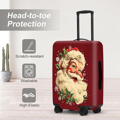 Retro Santa Luggage Cover - Vintage Saint Nicholas with Holly and Snowflakes, Traditional Christmas Suitcase Protector 28 30 Inch