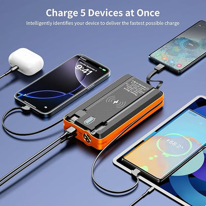 Portable Charger Solar Power Bank 52800mAh 5V/3A Fast Charging Battery Pack with Built in 4 Cables 2 Outputs & LED Flashlight for Cell Phone Camping and Hiking