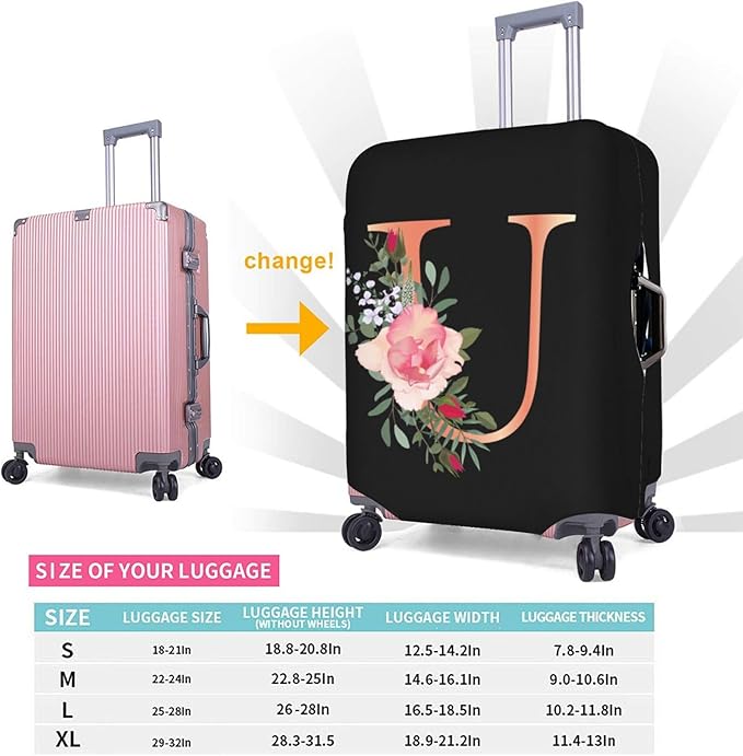 Floral Letter U Travel Luggage Cover Spandex Suitcase Protector Elastic Washable Stretch Suitcase Cover,Size L(Fit 25-28inch Suitcase)
