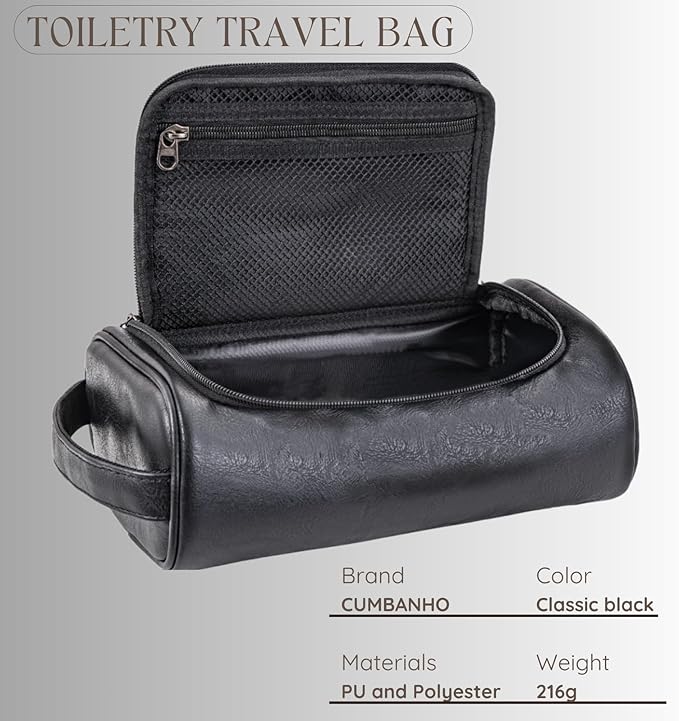Mens Toiletry Bag, Water-resistant Dopp Kit For Men Travel, PU Leather Toiletries Bag Shaving Kit, Compact Organizer With Wrist Strap, Grooming Essentials For Vacation, Gym & Camping，Black