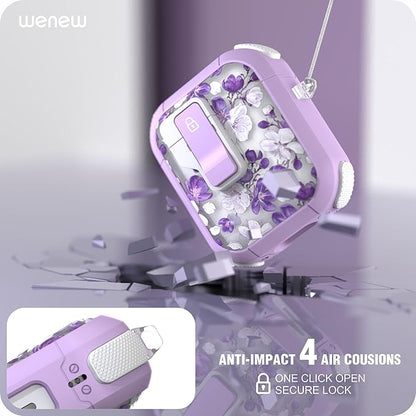 WENEW Case for AirPods 1 & 2 Case Cover Secure Lock Automatic Snap Switch Clip Cleaner Kit Lanyard Women Stylish Flower Hard Shell Full Body (Purple, AirPods 1st & 2nd)