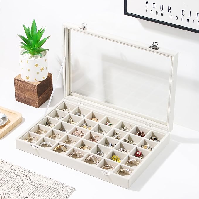 Coward Ring Earring Jewelry Organizer Box, 35 Grids Dustproof Display Holder Case, Beige Velvet Jewelry Bead Display Tray Case with Transparent Glass Lid for Momen Girls