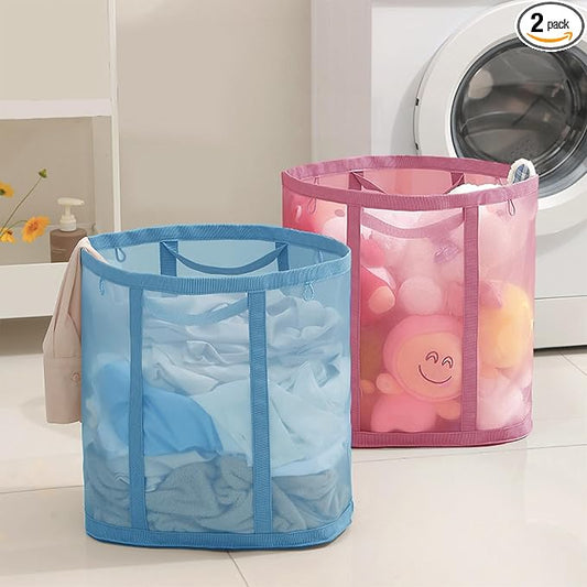 Mesh Bag with Handles, Collapsible Laundry Basket, Foldable Laundry Bag, Breathable Folding Beach Bag,Space-saving Travel Tote Bags (2, Blue&Pink)
