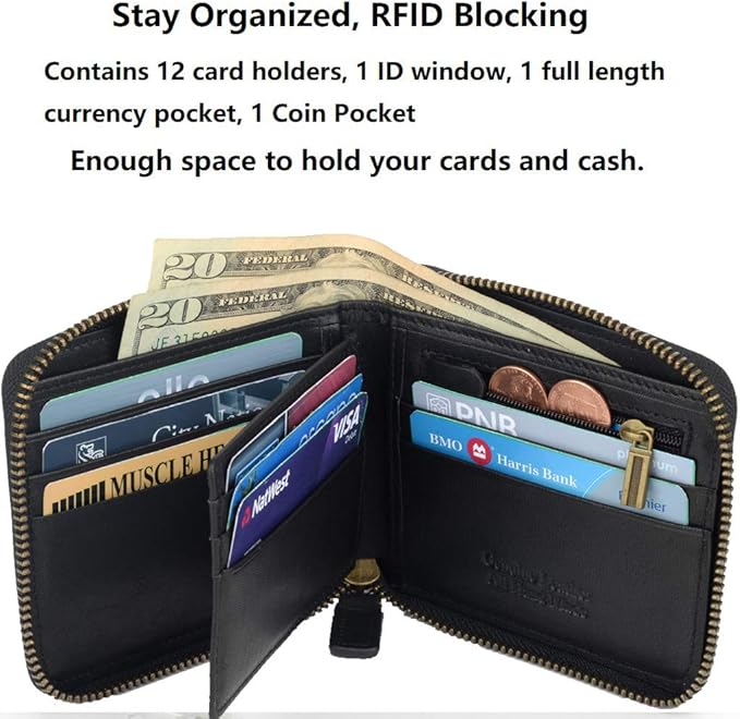 Genuine Leather Zipper Wallet With Coin Pocket, RFID Blocking Zip Around Front Pocket Bifold Wallet, Gift for Men