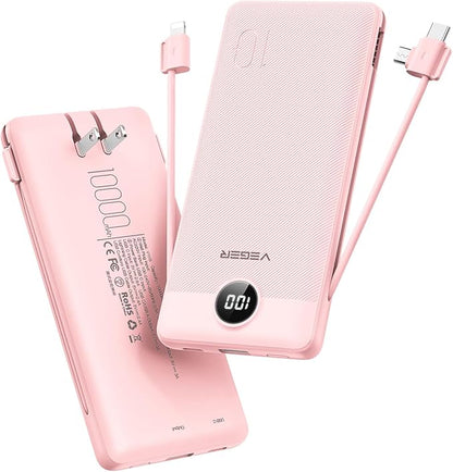VEGER Portable Charger with Built-in AC Plug and Cables, All in One 10000mAh Ultra Slim Power Bank Travel Essentials, 15W Fast Charging Battery Pack Compatible with iPhone, Samsung, Android (Crepe)