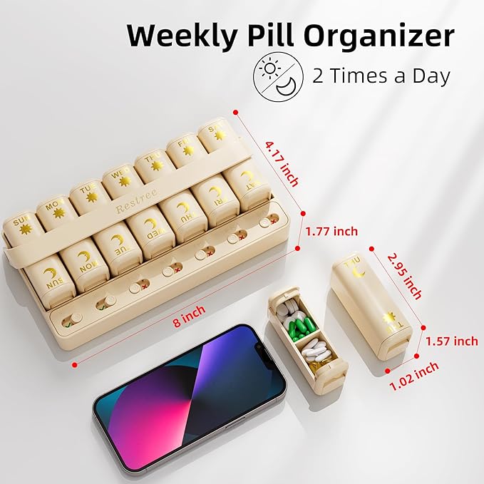 Restree Weekly Pill Organizer Two Time a Day, 7 Day Travel Pill Box, Daily Medicine Organizer, AM&PM Portable Pill Case for Vitamins Fish Oil/Supplements Medication Reminder Design (Beige)
