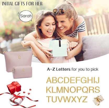 Women Gifts | Initial Makeup Bag Set for Girl Personalized Gifts for Bridesmaid Friend Graduation Teachers PU Leather Cosmetic Travel Toiletry Bag(Pink,R)