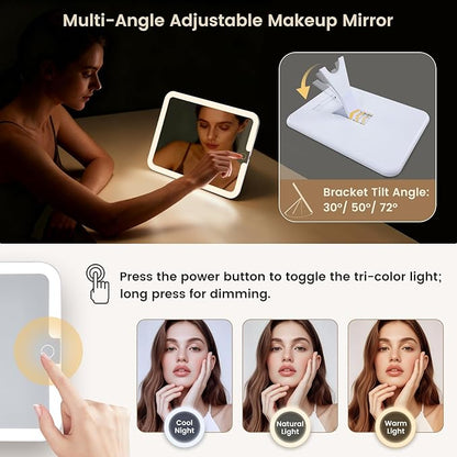 Makeup Bag with LED Lighted Mirror 12.2 IN Travel Double Layer Makeup Case Adjustable Brightness in 3 Colors Cosmetic Organizer Artist Storage with Dividers Brush Holder Vanity Beige