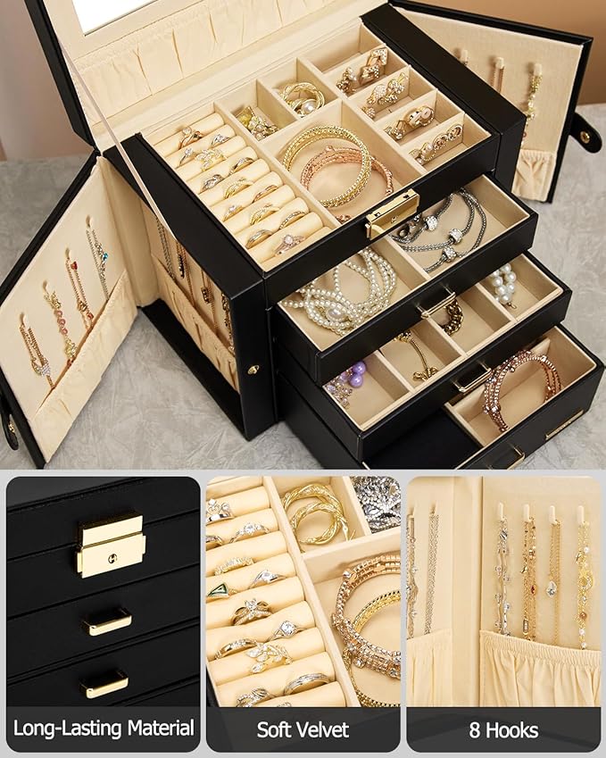 Homde 2 IN 1 Jewelry Box for Women Girls with Small Travel Case Mirror Necklace Ring Earrings Organizer - Christmas Gifts (Black + Gold)