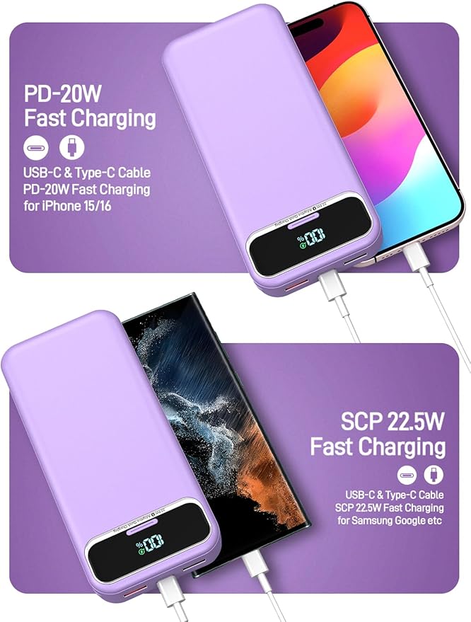 Portable Charger Power Bank with Built in Cables and AC Wall Plug, PD20W & SCP22.5W USB-C Super Fast Charging, 20000mAh Travel Phone Charging, LED Display Battery Pack Compatible All iPhone etc
