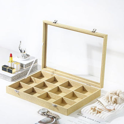 Coward Jewelry Organizer Box, Yellow Linen 12 Grids Bracelet Bangle Necklace Jewelry Display Tray Case with Transparent Glass Lid for Home Drawer Desk or Store Selling Show