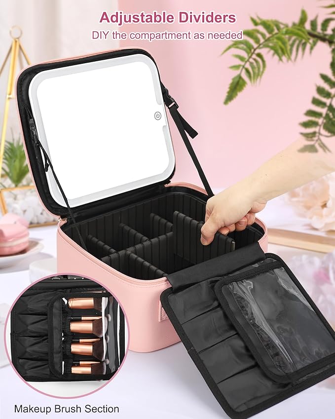 Relavel Initial Makeup Bag with LED Mirror for Women Girls, Personalized Travel Cosmetic Organizer Train Case, Birthday Gifts for Grandkids Bridesmaid Graduation Teacher Friends, Trendy Stuff, Pink O