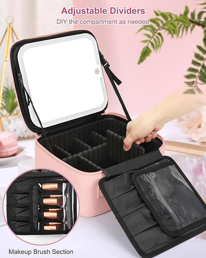 Relavel Initial Makeup Bag with LED Mirror for Women Girls, Personalized Travel Cosmetic Organizer Train Case, Birthday Gifts for Grandkids Bridesmaid Graduation Teacher Friends, Trendy Stuff, Pink I