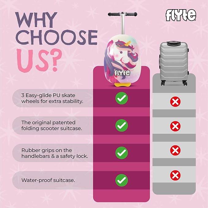 FLYTE Scooter Suitcase Folding Kids Luggage – Luna the Unicorn, 18 Inch Hardshell, Ride On with Wheels, 2-in-1, 25 Litre Capacity