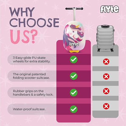 FLYTE Scooter Suitcase Folding Kids Luggage – Luna the Unicorn, 18 Inch Hardshell, Ride On with Wheels, 2-in-1, 25 Litre Capacity