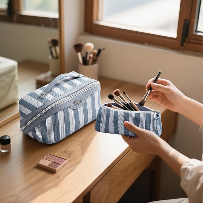 BOYATU Travel Makeup Bag for Women: Large Cosmetic Bag Set of 3 - PU Leather Make up Bag with Compartments - Compact Waterproof Toiletry Bag with Divider & Handle (B-2-Blue)