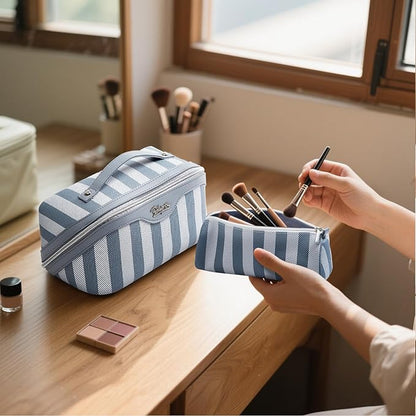 BOYATU Travel Makeup Bag for Women: Large Cosmetic Bag Set of 3 - PU Leather Make up Bag with Compartments - Compact Waterproof Toiletry Bag with Divider & Handle (B-2-Blue)