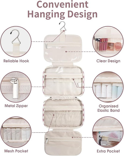 Narwey Travel Toiletry Bag for Women Large Hanging Makeup Bag Organizer Toiletries Bag for Full Size Essentials Accessories Cosmetics (Dusty Pink Checkerboard (Large))