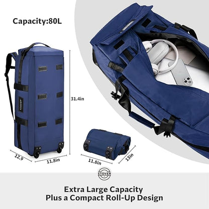 STOVER 80L Rolling Duffel Bag with Wheels, Large Durable Travel Duffle + Toiletry Bag, Heavy Duty, Packable, Foldable with Shoulder Straps- Use as Luggage or Backpack, Men/Women (Navy Blue)