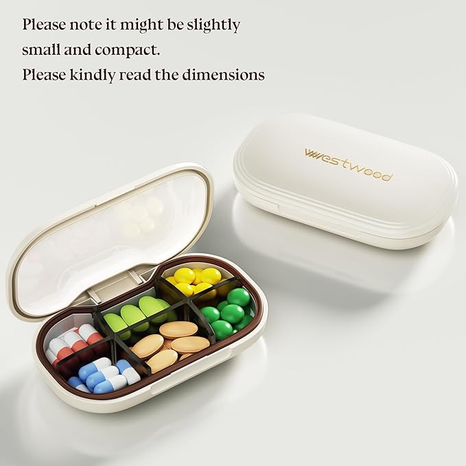 6-Compartment Pill Organizer - Small Compact Daily & Travel Pill Case Container for Vitamins, Medication and Supplements - Portable White Medicine Pill Box Holder with Stylish Cute Design