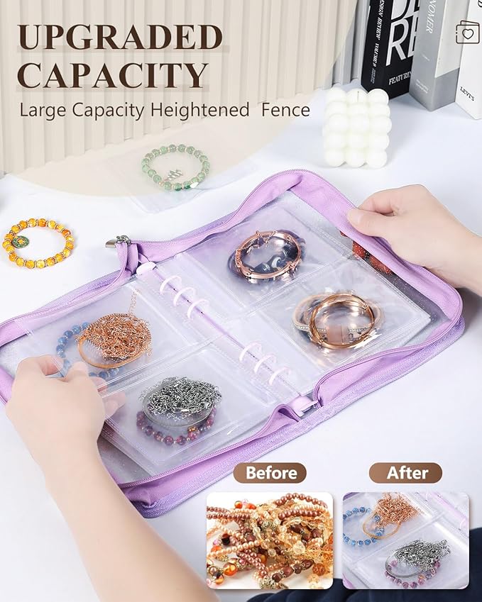 AOLEIXIYA Jewelry Organizer Book Clear Travel earring book organizer Transparent Jewelry Book with Zipper Pouch Bags (Purple,With 48 PCS Large Jewelry Bags)