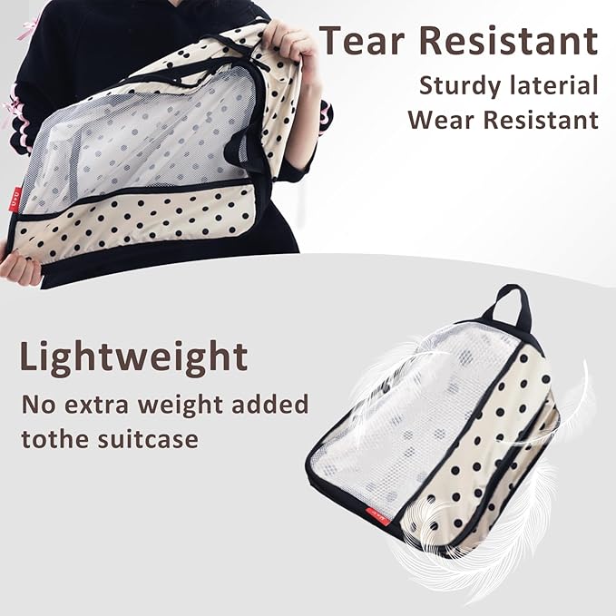 U+U 8 Set Compression Packing Cubes - Ultralight Travel Organizers with Laundry Bag and Cosmetic Bag, Space-Saving Suitcase Organizer for Travel, Business Trip and Family Vacation (Polka Dot)