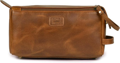 LEATHER VILLAGE Premium Leather Travel Toiletry Bag - Water-Resistant Dopp Kit for Toiletries, Large Shaving Bag & Bathroom Organizer - Gift for Men & Women - Tan Brown