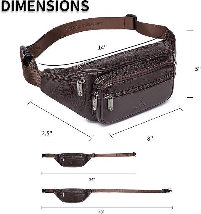 Genuine Leather Fanny Pack/Waist Bag/Organizer with Adjustable Belt, Multiple Pockets For Men and Women