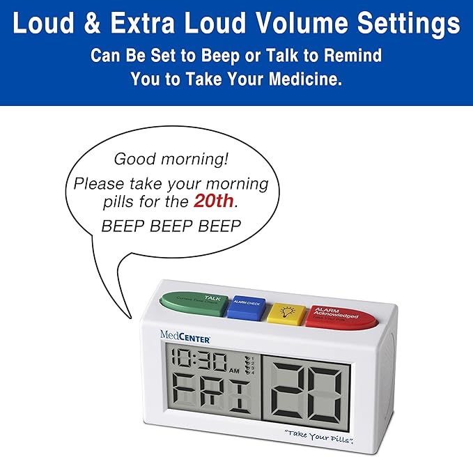 MedCenter 31-Day HSA/FSA Monthly Pill Organizer System with Talking Reminder Clock, Travel Pouch & Tweezers – 4 Daily Dose Compartments – Ideal Medication Organizer for Seniors & Low Vision Users