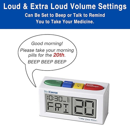 MedCenter 31-Day HSA/FSA Monthly Pill Organizer System with Talking Reminder Clock, Travel Pouch & Tweezers – 4 Daily Dose Compartments – Ideal Medication Organizer for Seniors & Low Vision Users