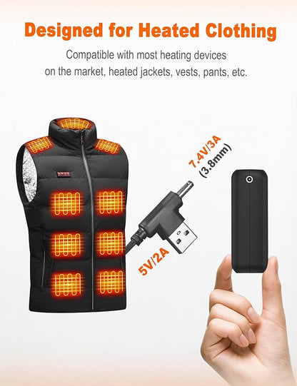 Pexzey 𝟳.𝟰𝗩/𝟱𝗩 𝟮𝟬𝟬𝟬𝟬𝗺𝗔𝗵 Heated Vest Battery Pack, LED Display, Power Bank with USB/Type-C/DC 3.8 Output and LED Display, Portable Charger, Compatible with Heated Vests, Jackets, Pants