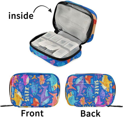 Colorful Bright Blue Sharks Travel Pill Organizer Case Box Container Weekly Portable Vitamin Medicine Holder Storage Bag with Zipper Removable