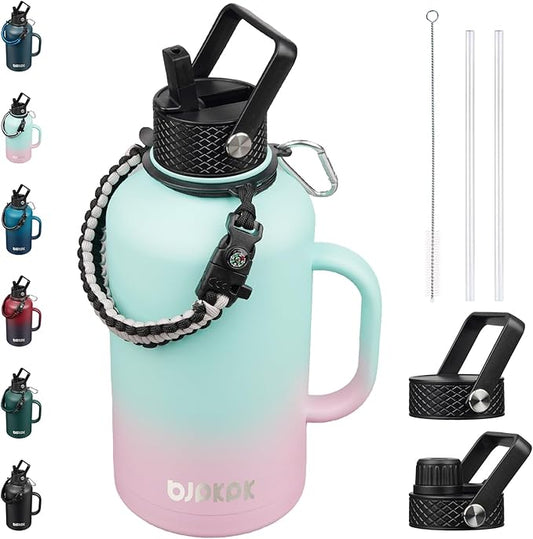 BJPKPK Half Gallon Insulated Water Bottles with Straw Lid & Side Handle, 50oz, 64oz, 87oz, 128oz Large, Stainless Steel Water Bottles with 3 Lids and Paracord Strap, Metal Water Jug,Marshmallow