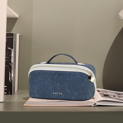 Prite Travel Cosmetic Bag Makeup Organizer Bag For Women Large Capacity Waterproof PU Leather Toiletry Bag with Handle and Clear Divider(Blue Flower)
