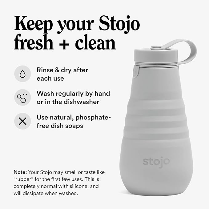 STOJO Collapsible Water Bottle – Cashmere Gray, 20oz / 592ml - Leak-Proof Reusable Silicone Travel Cup for Hot & Cold Drinks - Microwave & Dishwasher Safe