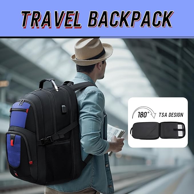 Z-MGKISS Large Travel Backpack for Men, TSA Flight Approved Business Backpack, USB Computer Bagpack Fits 17.3 Inch Laptop, Blue