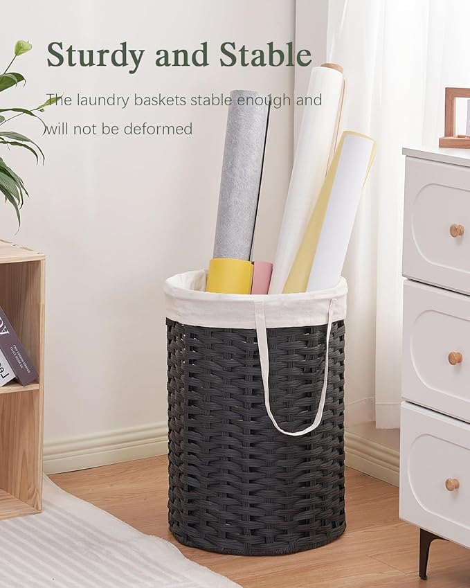 Laundry Hamper Laundry Basket Round 19.0 Gal (72 L) Handwoven Rattan Laundry Basket, Large Wicker Laundry Hamper with Removable Laundry Bag Handles 2 Mesh Bags for Bathroom Living Room Black
