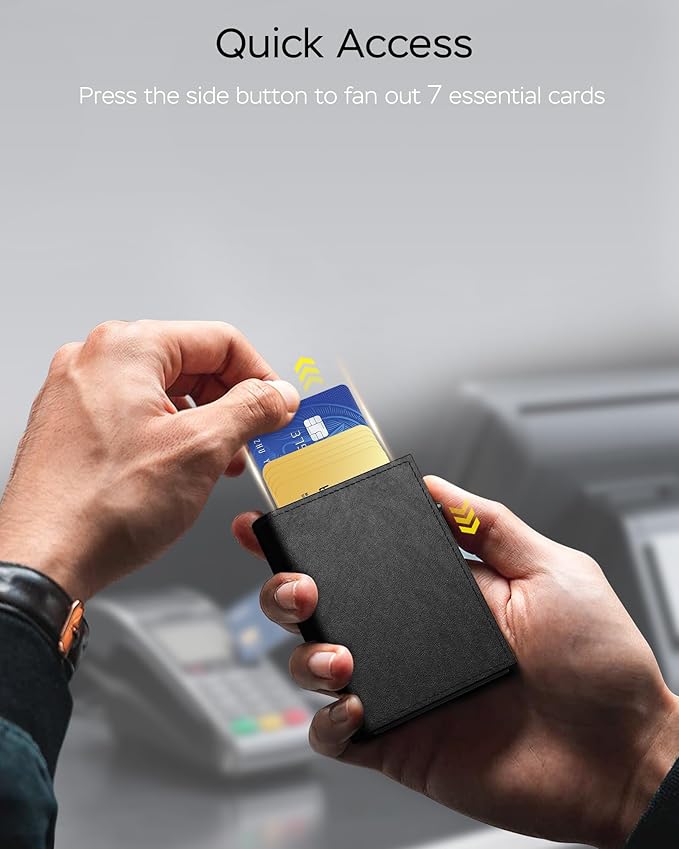 Wallet for Men - Sleek & Functional - Secure RFID Blocking Wallet with Smart Metal Pop Up Credit Card Holder, Minimalist Slim Front Pocket 11+ Cards ID Window Cash Slot, Gift for Him