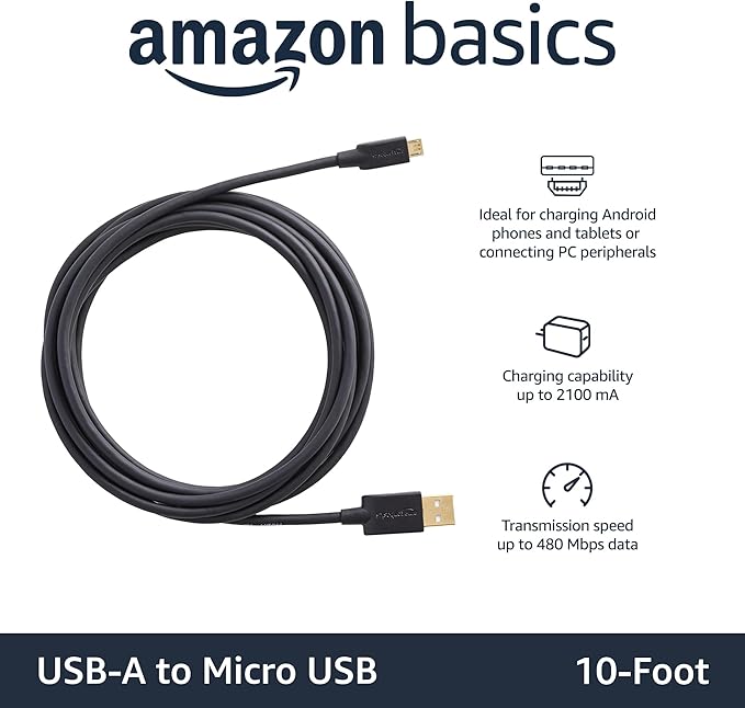 Amazon Basics 5-Pack USB-A to Micro USB Charging Cable, 480Mbps Transfer Speed with Gold-Plated Plugs, USB 2.0, 10 foot, Black